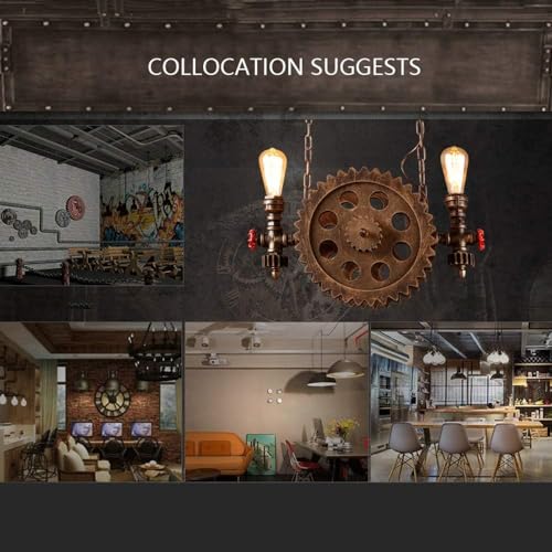 2-Lights Wooden Wheel Ceiling Hanging Light Industrial Retro Metal Restaurant Bar Ajustable Pendant Light