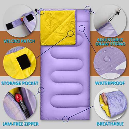 Rioyalo Ultralight Camping Sleeping Bag For Adults Youth | Compact Lightweight Portable | 3 Season Warm & Cool Weather Backpacking Hiking Travel | Waterproof W. Compression Sack | Purple/Yellow-75X33 #TOP4