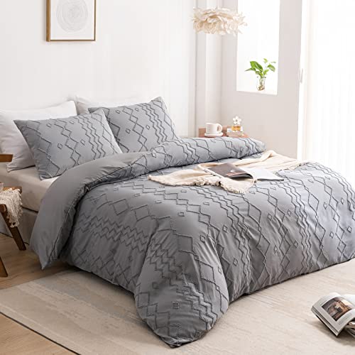 Image of WARMDERN Boho Duvet Cover Set 3 Piece Grey Full Duvet Cover Set Washed Microfiber Tufted Bedding Set with Zipper Closure Stripes Duvet Cover and 2 Pillowcases(Full,Grey)