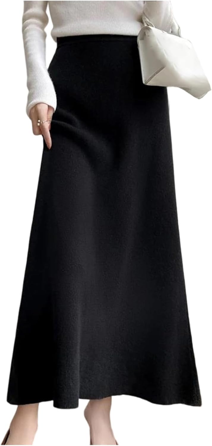 Women's Merino Wool Knitted A-Line Skirts Fall Winter High Waist Comfortable Knitted Sweater Midi Skirts