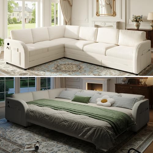 Image of KCGKCG 115.2 inch L Shaped Couch Bed, Sectional Couches for Living Room, Teddy Fabric Sleeper Sofa Bed with Pull Out Couch, Convertible Sectional Couch with Charging Station & Side Pocket, Beige