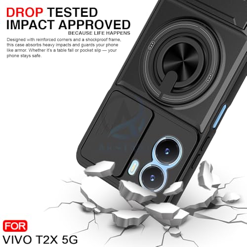Image of AESTMO Vivo T2X / Y16 / Y56 Back Cover | Armor Camera Slider 360 Degree Rotating Finger Ring Holder Case with Bracket Stand Back Case Cover (Compatible with MagSafe Accessories) (Black)