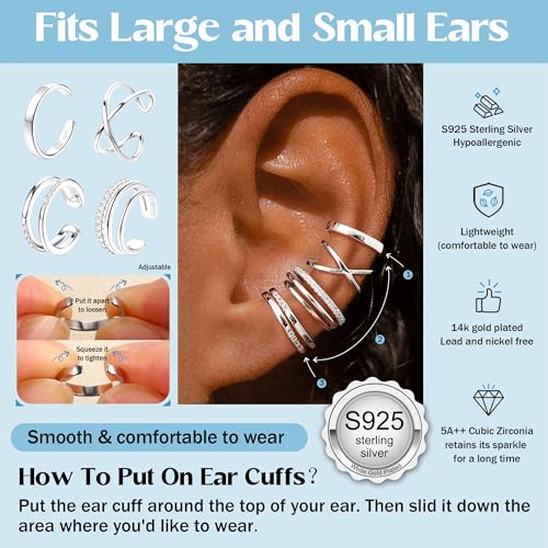 JeryWe 4 Pcs 925 Sterling Silver Ear Cuff for Women Non Piercing Adjustable Ear Cuff Earrings Clip On Cartilage Helix Wrap Ear Jewelry Set2