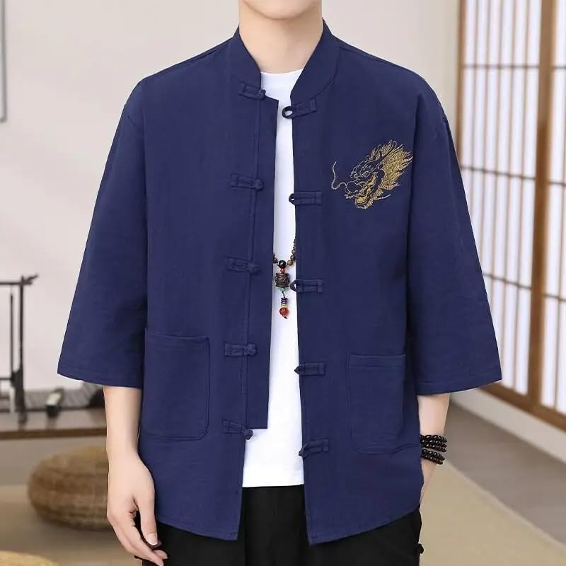 Traditional Chinese Embroidered Shirt 3/4 Sleeve Top for Men Linen Tops