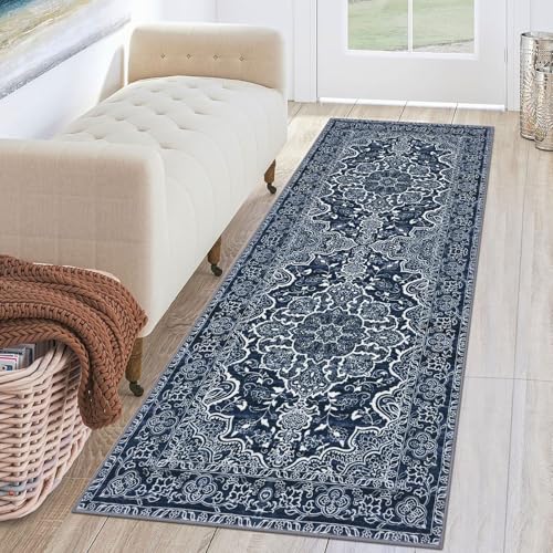KUTA Vintage Washable Runner Rug, 2x6 Navy Blue Runners for Hallways Non-Slip Kitchen Rugs Ultra Soft Printed Distressed Floral Carpet for Laundry Bedroom Living Room Nursery