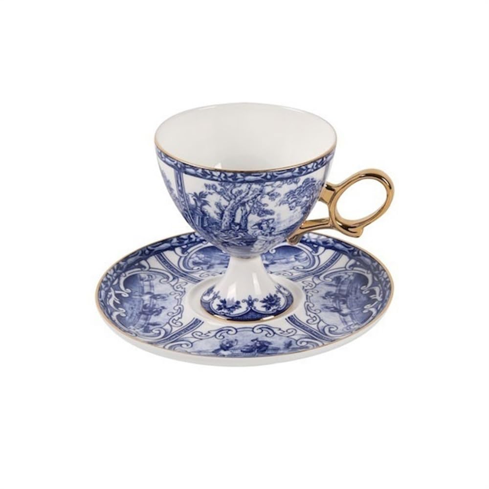 Zestaw filiżanek i spodków z porcelany kostnej, vintage niebiesko-białe filiżanki do kawy do latte i cappuccino