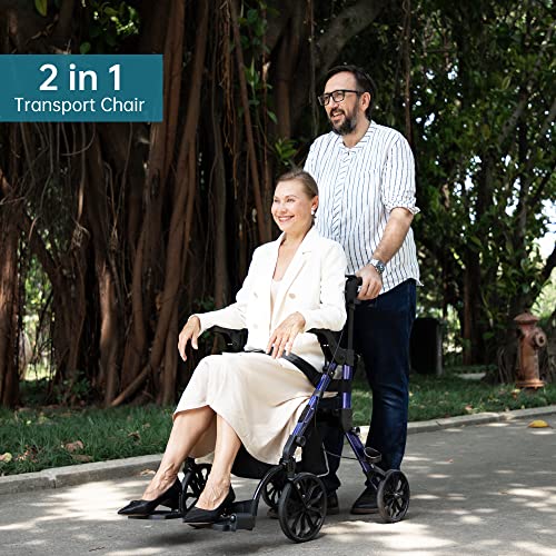Elenker 2 in 1 Rollator Walker & Transport Chair, Folding Wheelchair Rolling Mobility Walking Aid with Seat Belt, Padded Seat and Detachable Footrests for Adult, Seniors (Blue)