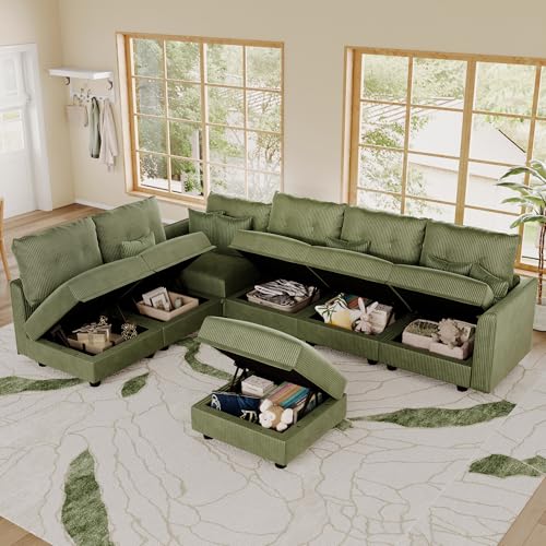 Image of LLappuil Modular Sectional Sofa with Storage, L-Shaped 7-Seat Corduroy Couch with 6 Throw Pillows, Pet-Friendly Convertible Sofa for Living Room & Apartment, Skin-Friendly, Green