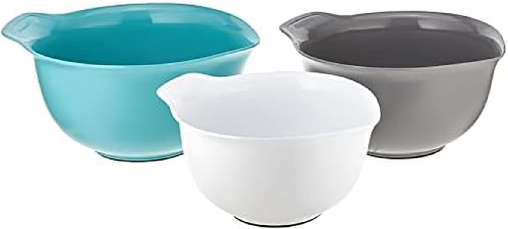 Universal Nesting Plastic Mixing Bowls, Set Of 3, 2.5 quart, 3.5 quart, 4.5 quart, Non Slip Base with Easy Pour Spout to Reduce Mess, Dishwasher Safe, Aqua Sky, White, Gray