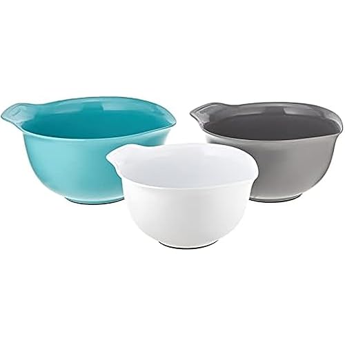 KitchenAid Universal Nesting Plastic Mixing Bowls, Set Of 3, 2.5 quart, 3.5 quart, 4.5 quart, Non Slip Base with Easy Pour Spout to Reduce Mess, Dishwasher Safe, Aqua Sky, White, Gray