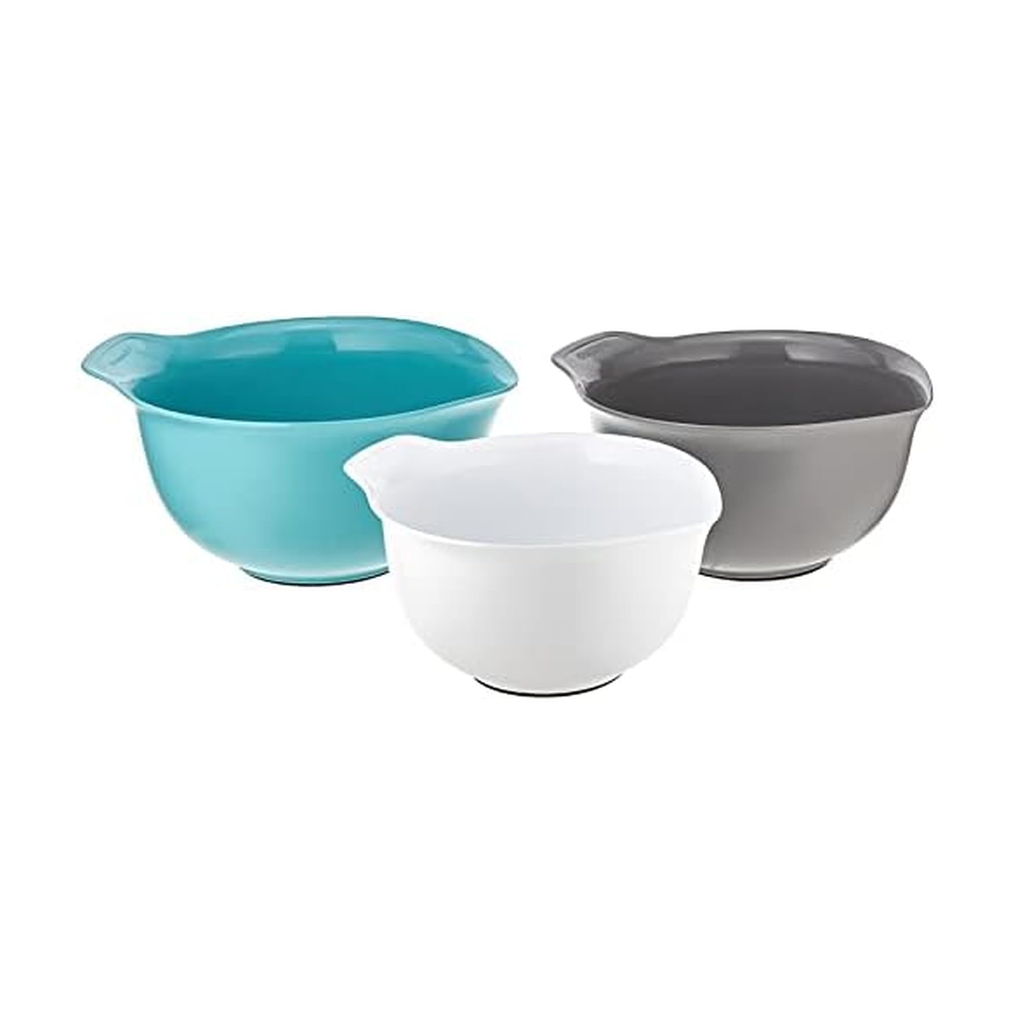 KitchenAid Universal Nesting Plastic Mixing Bowls, Set of 3, 2.5 Quart, 3.5 Quart, 4.5 Quart, Non Slip Base with Easy Pour Spout to Reduce Mess, Dishwasher Safe, Aqua Sky, White, Gray