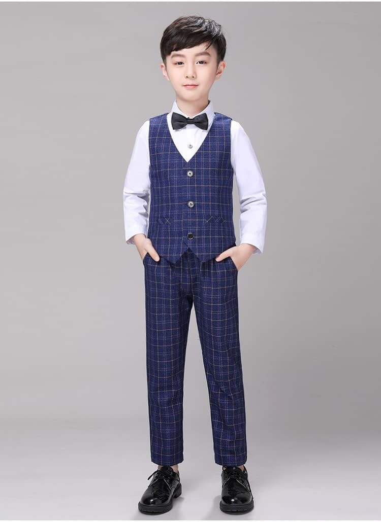 Kromoc Boys' Checked Suit 3Pcs Notch Lapel Two Buttons Jacket Vest Pants for Formal/Party/Prom