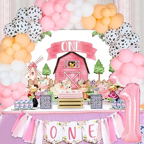 Joymemo F-PA-9422 Farm Animal 1St Birthday Decorations Baby Girl - Pink Barnyard Cow Print Balloon Garland Kit With Barn Backdrop, One High Chair Monthly Photo Banner thumb #2