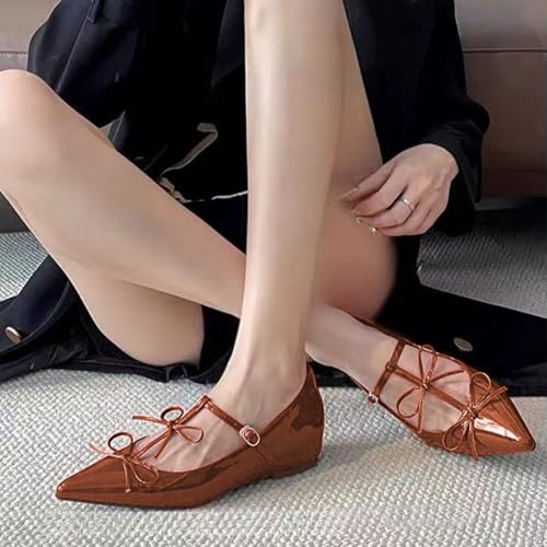 Zszszsu Women's Pointed Toe Mary Jane Flats Single Buckled T-Strap with Bowknot Comfy Dressy Daily Office Party Shoes Size 4-16 US4