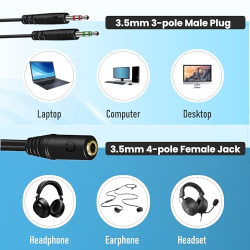 Tempting Table 3.5 mm Headphone Jack to Two Microphone and Headphone 3.5 mm AUX Audio Cable Splitter, Smartphone Headset to PC Adapter, Black