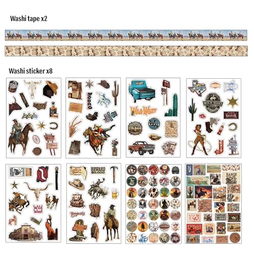 Image of The AutoStory Cowboy Scrapbook Album A6 Junk Journal Rustic Desert Stickers Vintage Rodeo Collage Paper Washi Tape DIY Craft Art Diary Supply Decor Present for Adults Teens (Wild West, Brown)