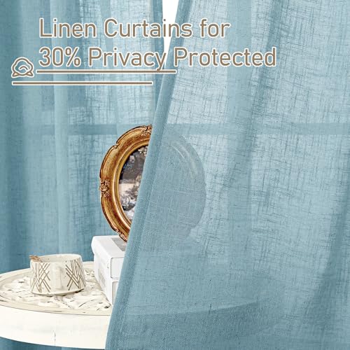 LAMIT Stone Blue Linen Curtains 54 Inch Length 2 Panels, Light Filtering Panels Back Tab and Rod Pocket Country Decor Drapes for Bathroom/Window/Bedroom, 52 x 54 Inch