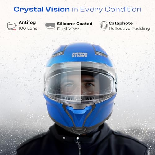 Image of STUDDS Helios ISI and DOT Certified Full Face Helmet with Antifog 100 Lens, Sporty Spoiler (Flame Blue - XL)