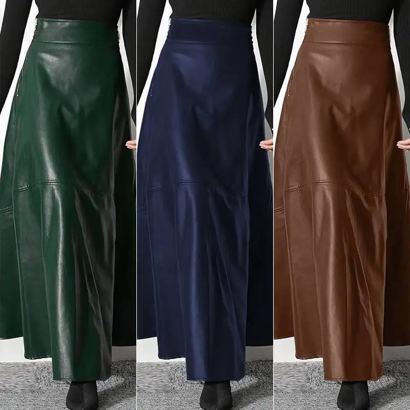 Pohullan Women Solid Pu Leather Maxi Skirts Casual High Waist Zipper A-Line Long Skirt4