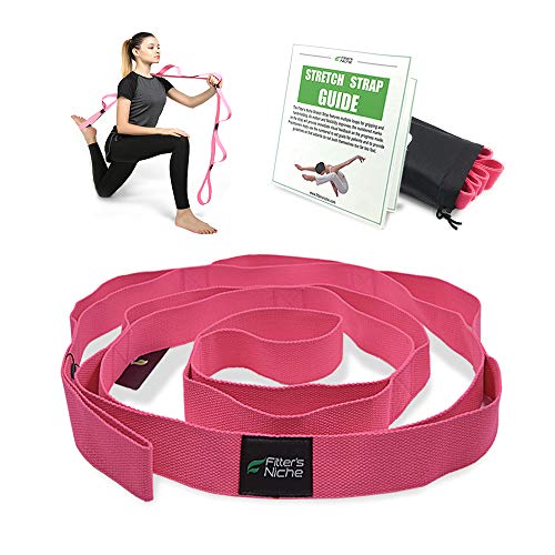 Yoga Stretch Strap, Cotton Non Elastic Multi Loop 80 inch Exercise Stretching Band for Physical Therapy, Pilates, Dance, Hamstring, Gym, Pose Fixing, Training, Bonus Carry Bag and Instructions Guide