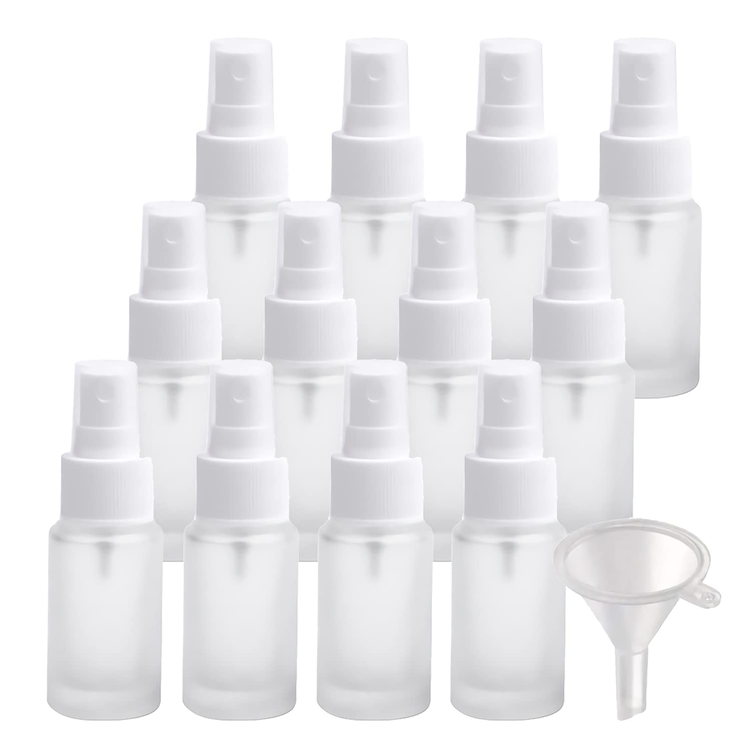 12 pezzis 20ml Flacone Spray in vetro Trasparente Opaco Con Spruzzatore Bianco, 20 ml Bottiglie Vuote Riutilizzabile da Viaggio Contenitori per Profumo Pulizia della Casa + 2 x imbuto