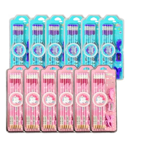 Image of Crackles Shiny Glittery Unicorn Theme Wood Thick Strong 10 Pc Pencils with Erasers on top, Sharpener, Eraser and a Pencil Grip Gift Set For Kids, boys and Girls (Assorted Print, pack of 12)