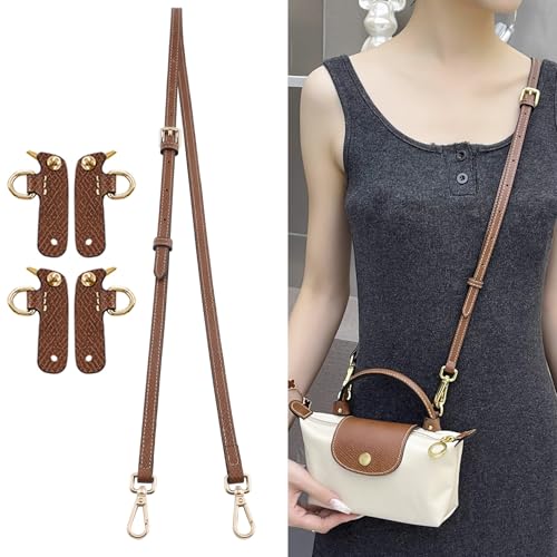 OAikor Purse Straps Replacement Crossbody for Longchamp Mini Pouch Anti-Slip Leather Shoulder Strap for Bags 37-48 Adjustable Long Champ Mini Bag Strap(Brown-gold)