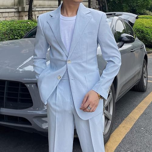 Summer Suit for Men Pinstripe Casual Classic Fit 2 Piece Seersucker Suit2