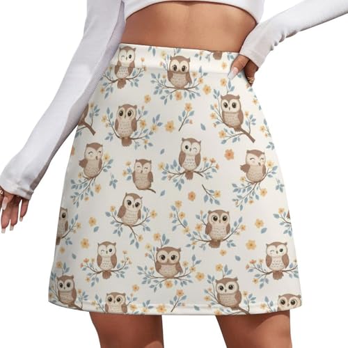 Women's A-Line Skirt, Versatile High Wasited Short Skirt for Shopping Party Travel Work, Novelty Skorts for Mom Wife, Cute Owl Pattern, (XL)
