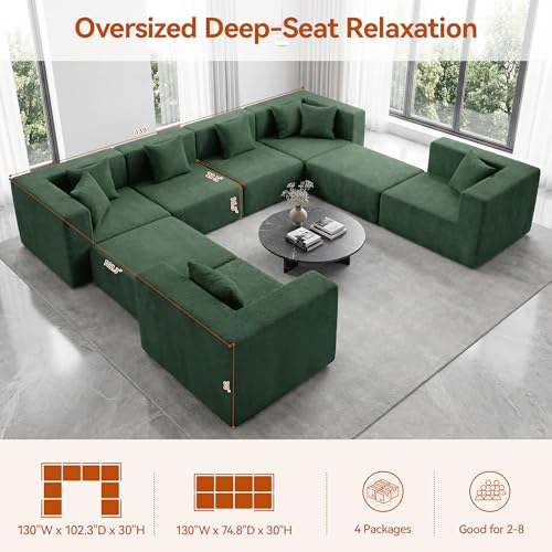 Image of MONVANE Modular Sectional Sofa, Oversized 8 Seat Convertible U Shaped Couch with Ottoman, Comfy Teddy Velvet Cloud Couch with Deep Seat, Sectional Couches for Living Room, No Assembly Required, Green