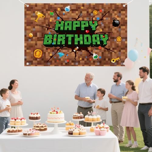 Image of Pixel Birthday Decorations, 70.87x43.31in /180x110cm Happy Birthday Banner Backdrop for Mining Party Decoration & Pixel Themed Celebration Kids Boys Game Party Supplies