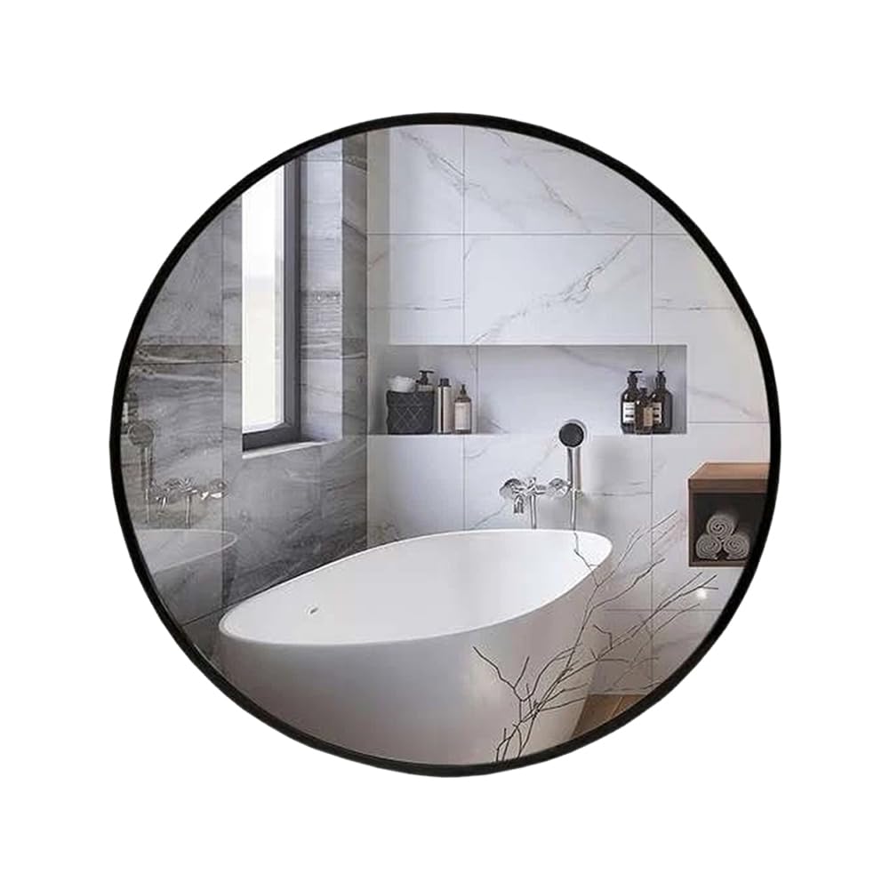 Round Wall Mirror with Black Frame, 40 cm, PVC Frame Wall Mountable Stick On Glass Mirror for Bathroom, Bedroom, Living Room, Hallway Decoration (Black Round(40cm))