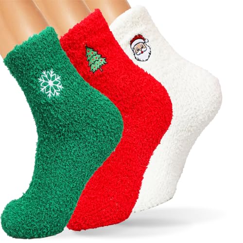 Image of Gloffer Christmas Socks,3 Pairs Soft Fuzzy Socks,Warm Winter Cozy Crew Socks,Colorful Festive Design Gift Socks for Women Men,Novelty Christmas Gifts