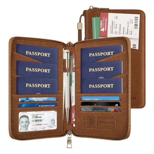 Likesing Family Passport Holder for 4 Leather RFID Blocking Multiple Passport Holder Wallet with Zipper Travel Document Organizer with Wrist Strap Card Slots for Women Men(Brown)