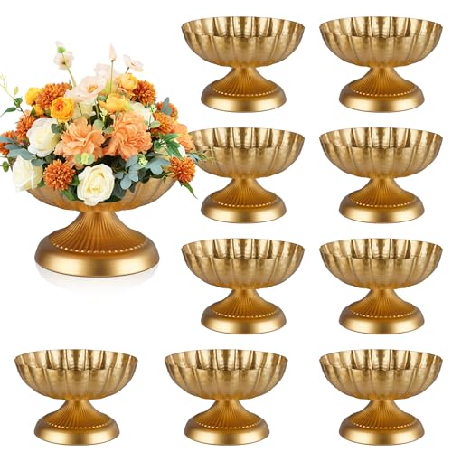 VIVIRENOIR 10 Pcs Compote Bowl Vases for Centerpieces 7 Urn Vase Metal Small Pedestal VaSe Gold Pot Flower Arrangement for Wedding Anniversary Party Home Decor
