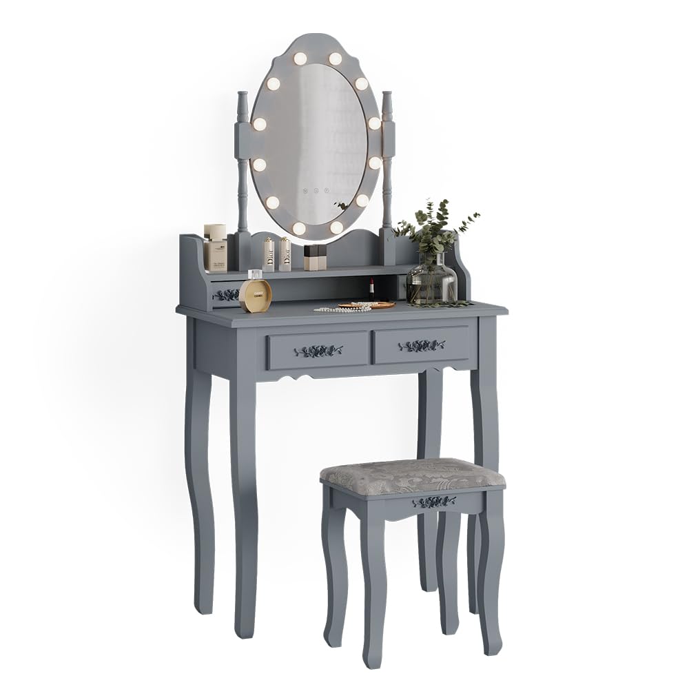 Vicco Schminktisch Maggie, Grau, 75 cm | mit LED Beleuchtung und Hocker, Vintage-Design verleiht jedem Raum Charakter und Charme