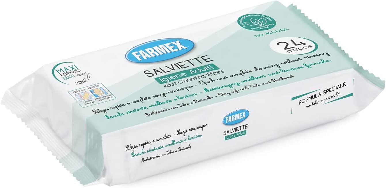Farmex - Salviette Umidificate Igiene Intima - Salvietta Igienizzante Disinfettante Monouso, Dimensioni 20x30cm - Salviettina Intima Usa e Getta - 24 pezzi