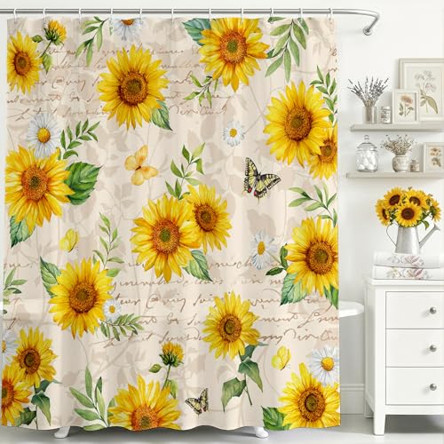 Mocsicka Sunflower Shower Curtain Retro Sunflower Bathroom Shower Curtain Vintage Floral Waterproof Fabric Shower Curtains Bathtub Decor with 12 Hooks 72 X 72 Inch