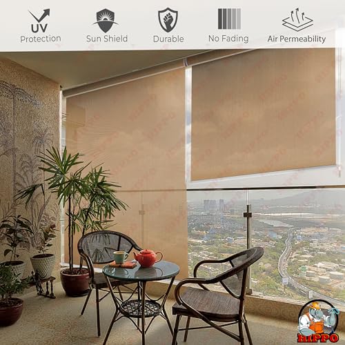 Image of HIPPO 180 GSM HDPE Outdoor Balcony Roller Blind, UV & Dust Protection Corded Roll Up and Down Light Filtering Blinds for Garden (Sand, 3FTX9FT)