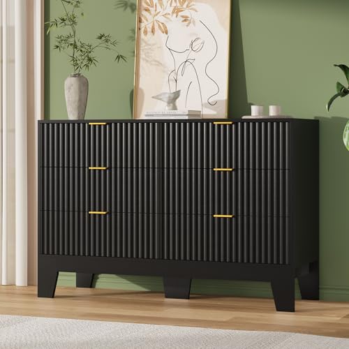 Image of Garvee 6 Drawer Dresser for Bedroom, 47 inch Wide Fluted Chest of Drawers with Metal Handle, Modern Wooden Dresser TV Stand, Clothes Storage Organizer Wood Closet for Hallway, Entryway, Black