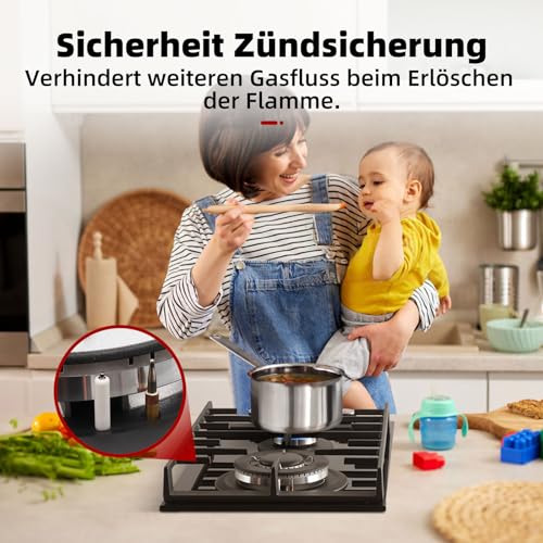 GASLAND GH2302BG1FC Glass Gas Cooktop - 2 Burner Butane Hob with Wok Burner, Built-in, 30 cm Black Glass Stove, 5200 W, LPG/NG - Image 4