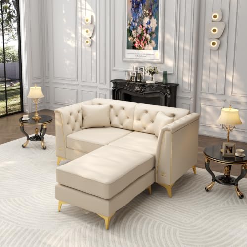 Image of KEIKI 62 inch Faux Leather Chesterfield Sofa with Handmade Button Tufted, Beige