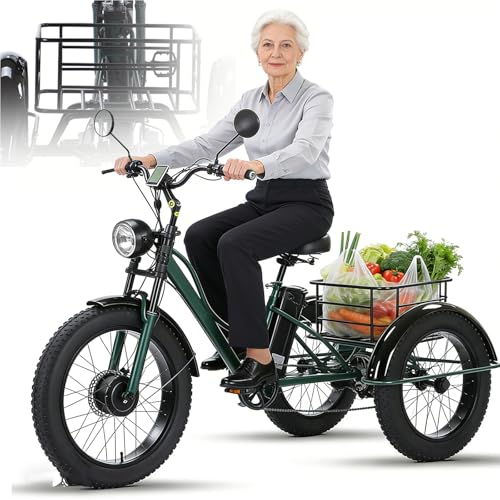 BuilfutenM Bicicleta Eléctrica De 3 Ruedas De 24 Pulgadas Carga De 200 Kg Altura Ajustable Cesta Trasera para Padres Scooter para Hacer Ejercicio Y Hacer Compras para Personas Mayores