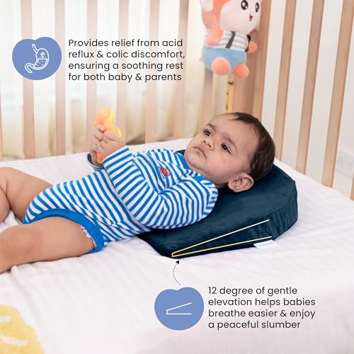 Image of Cherilo C Shaped Elevated Wedge Pillow for Baby Crib & Mattress, Helps to Elevate Baby for Acid Reflux, Colic, GERD, Heat Burn & Vomiting | 15 inch x 12 inch x 3 inch | - with Removable Velvet Cover - Navy Blue