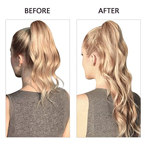 RUNATURE Pony tail Extension Human Hair 12 Inch Blonde Highlights Ponytail Extension Human Hair Straight Real Hair Ponytail Extension Short 70g #16P24 - Image 2