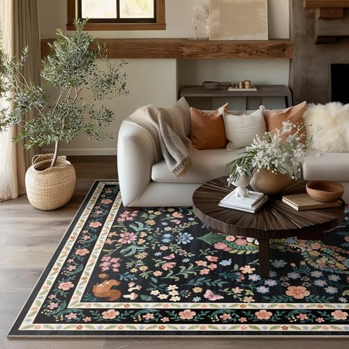 Image of Area Rug Vintage Floral Deer Pattern 6x9 - Bohemian Forest Animal Carpet with Squirrel & Butterfly, Soft Decorative Area Rug for Living Room Bedroom Home Decor