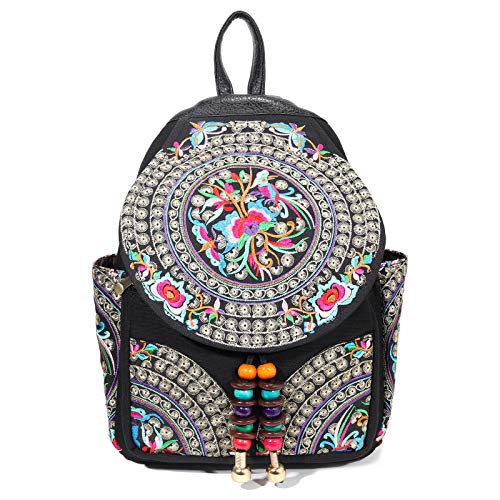 Image of SILKAREA Vintage Embroidered Floral Ethnic Backpack Purse for Women Bohemian Handbag Shoulder Bag Travel Purse (Black S1)