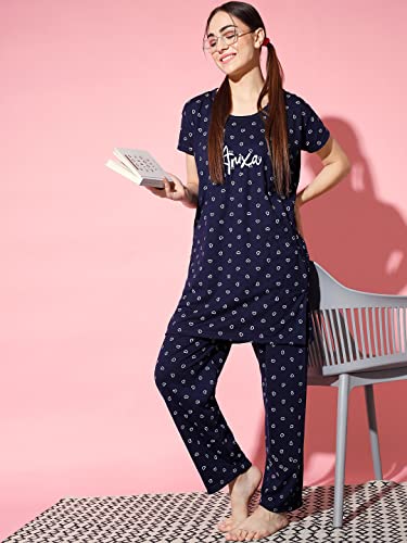 Image of Printed Round Neck Short Sleeve Nightsuit Set | Casual Night Dress for Women