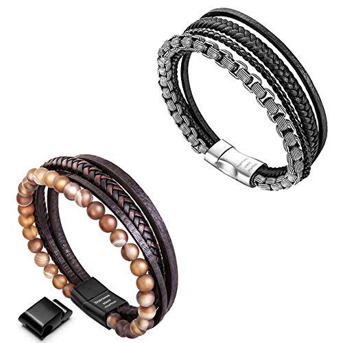 Murtoo Mens Bead Leather Bracelet and Braided Leather Bracelet with Stainless Steel Chain