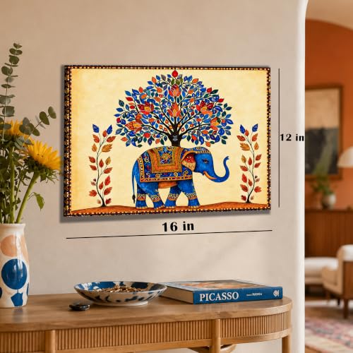 Image of Madhubani Elephant Stretched Canvas Painting for Living Room Wall Decor, Tree of Life Indian Traditional Vastu Stretched Canvas Wall Art for Vastu Place Bedroom Home Hallways Office Hotel, Size 12x16 Inch